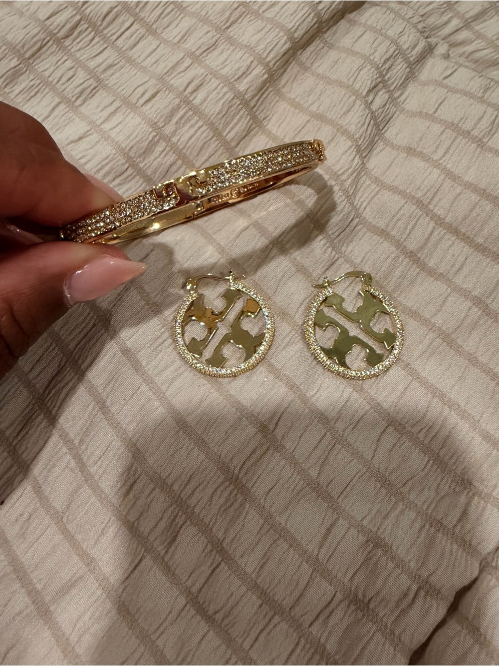 Gold Circular Logo Drop Earrings with Pave Bangle